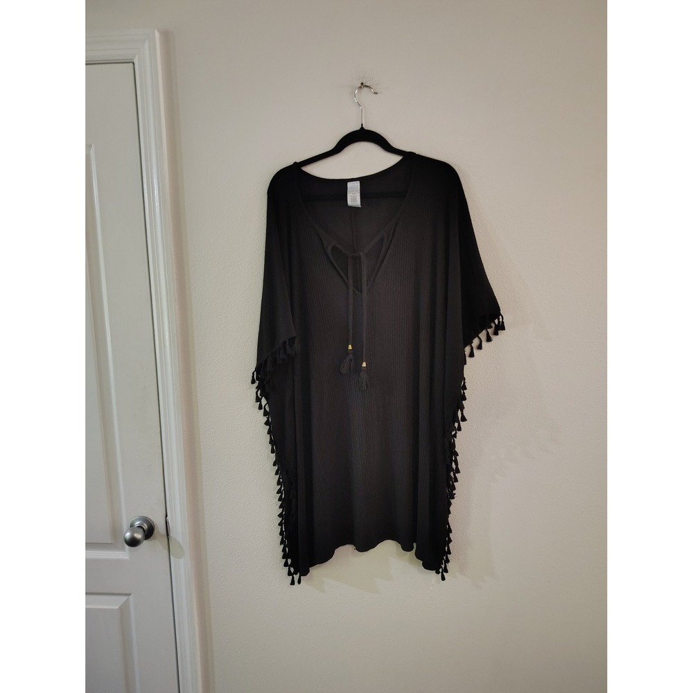 Time and Tru Womens 2X Black Ribbed Tassel Trim Swim Cover Up Poncho V-Neck Tie